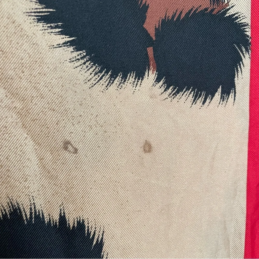 Large Perry Ellis Silk‎ Scarf Wrap Shawl Animal Print Tan Black Red Bordered